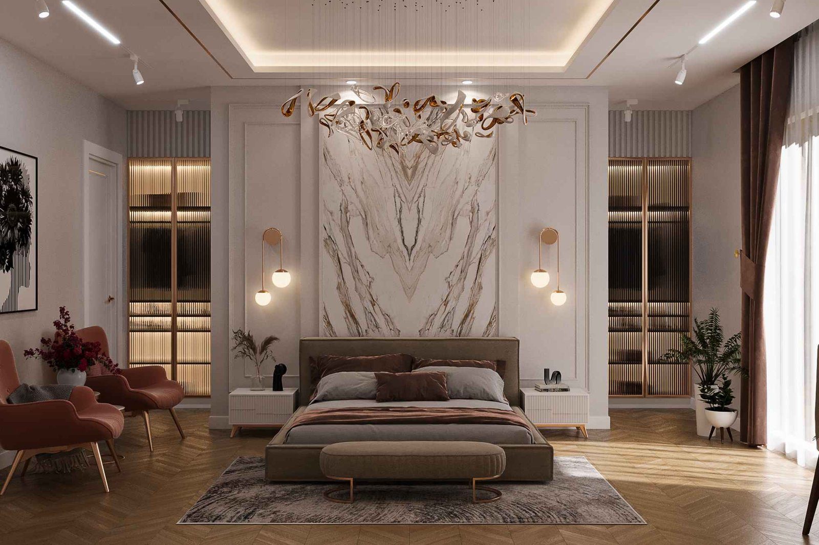 Bedroom with full-height wardrobe wall