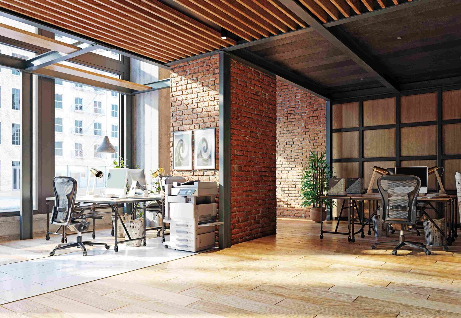 Reception lobby with stone desk and timber ceiling