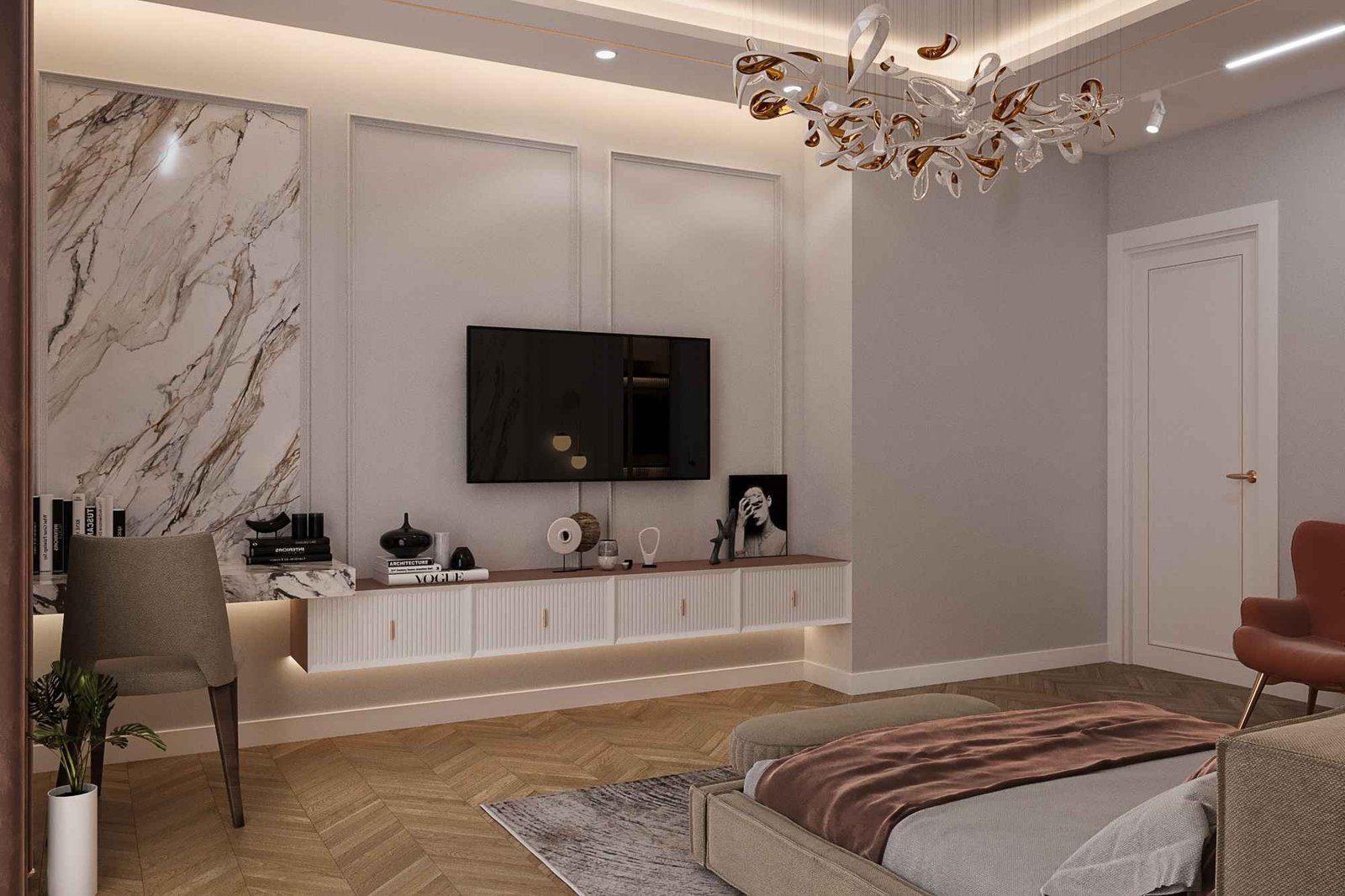 Master bedroom with upholstered headboard and bedside lighting