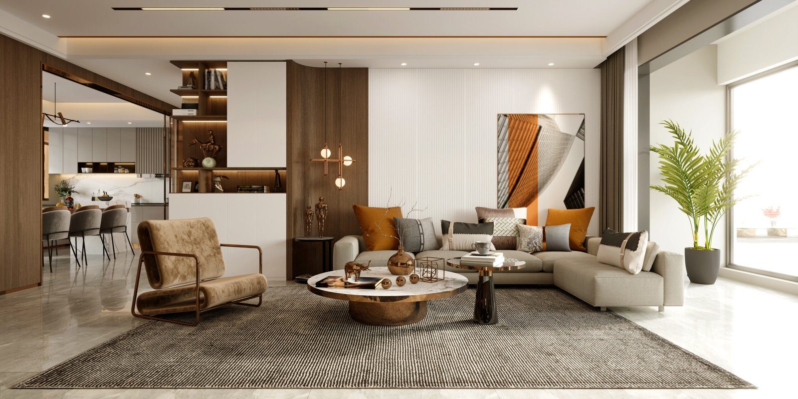 Open-plan lounge with large windows