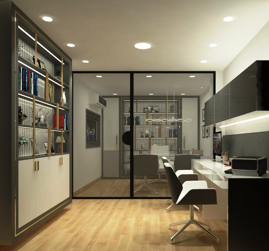 Private office cabin with timber panelling