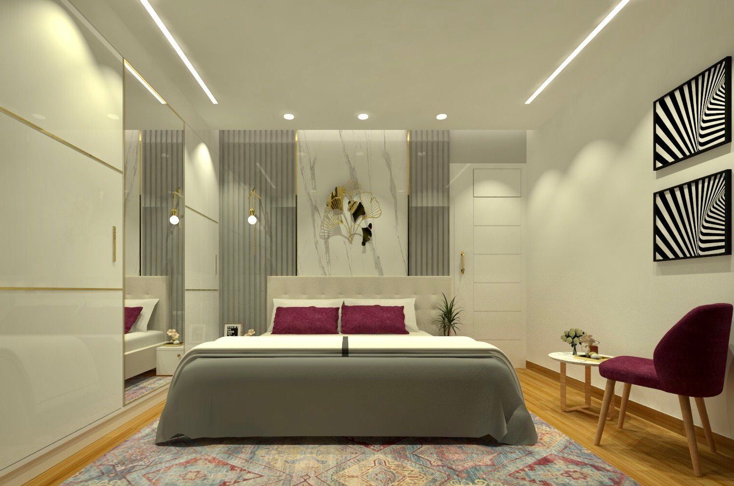 Bedroom in soft neutral tones with layered lighting
