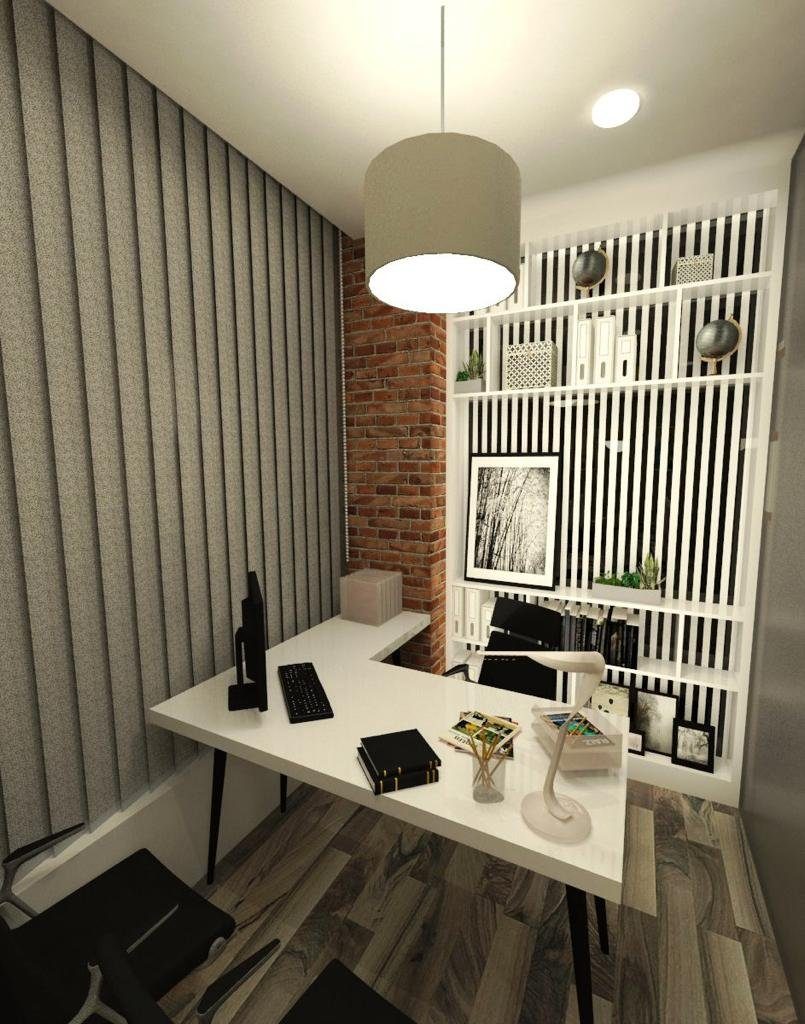 Meeting room with long table and pendant lighting