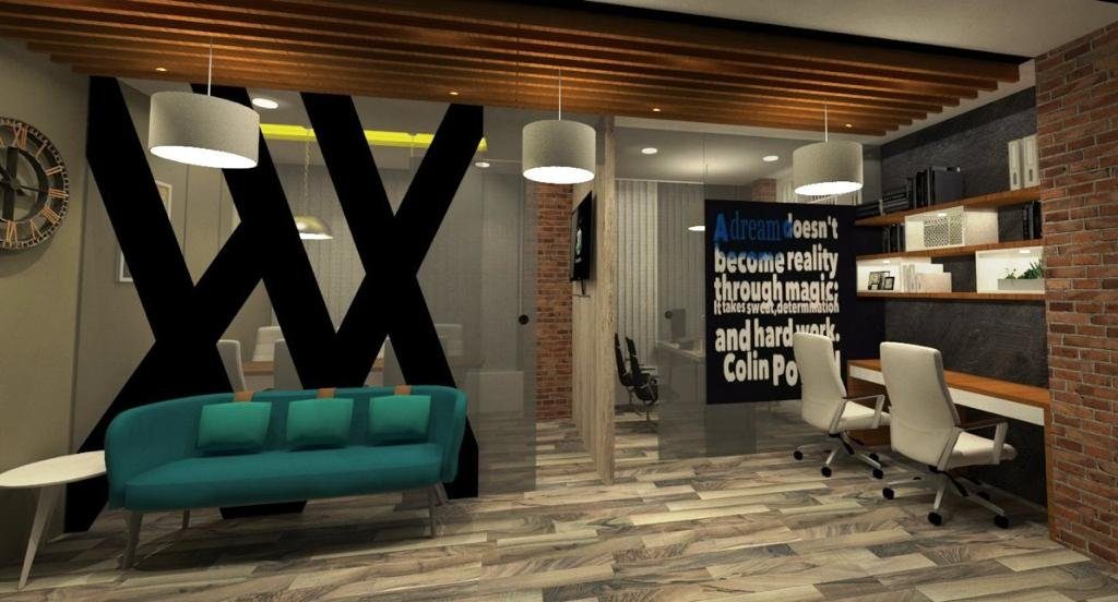 Reception counter with brand signage