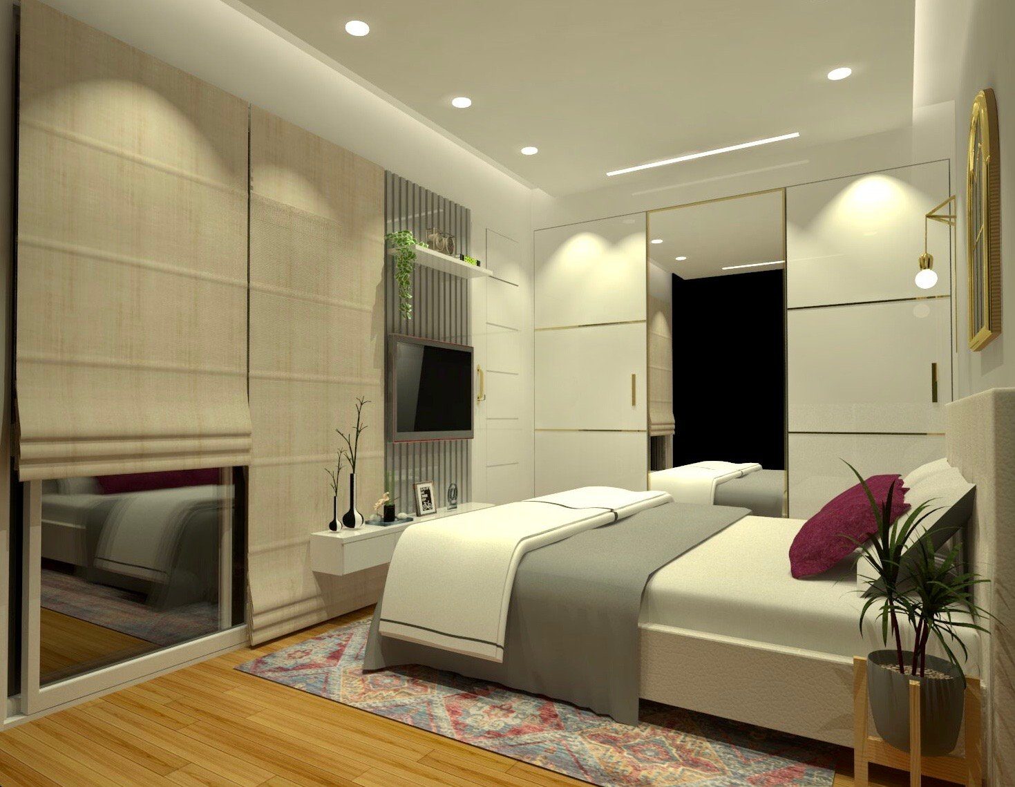 Guest bedroom with textured wall panelling
