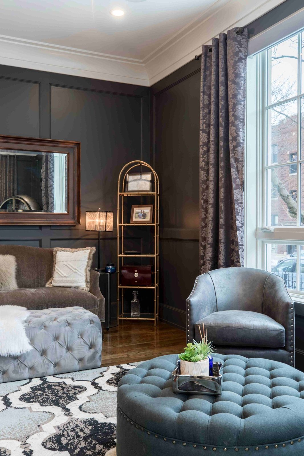 Reading nook beside a tall window