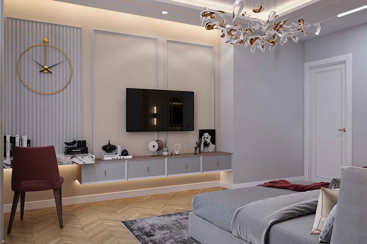 Bedroom vanity with backlit mirror