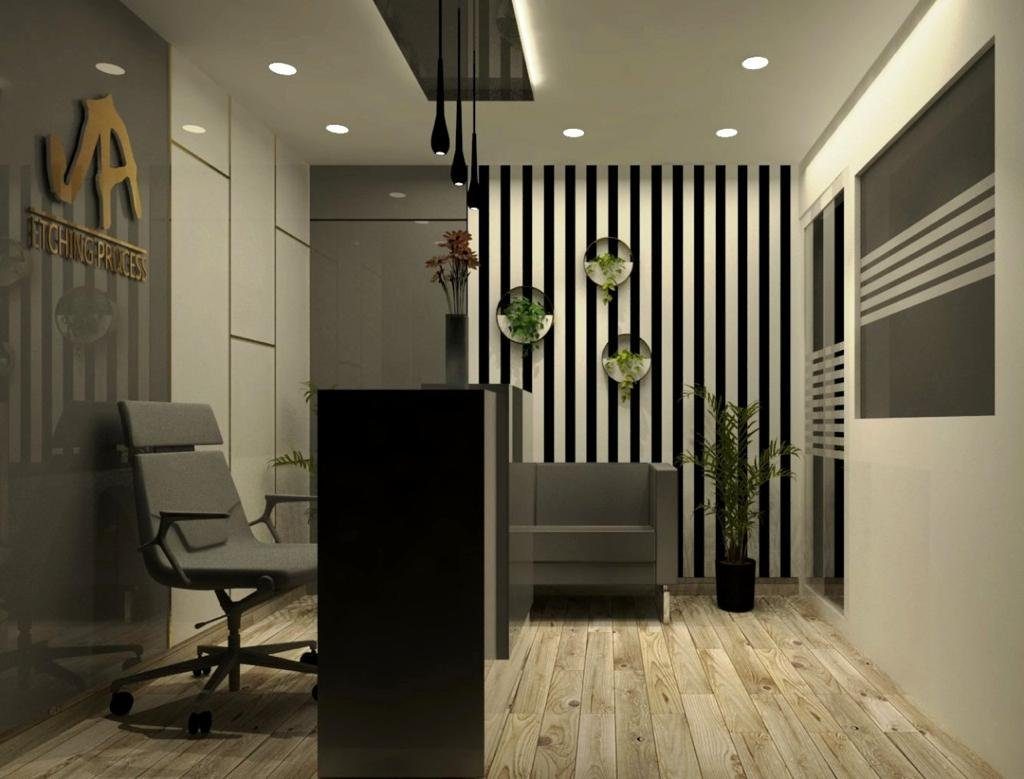 Office corridor with signage and lighting