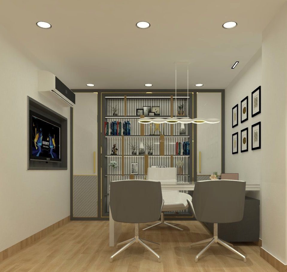 Open office with workstations and glazed cabins